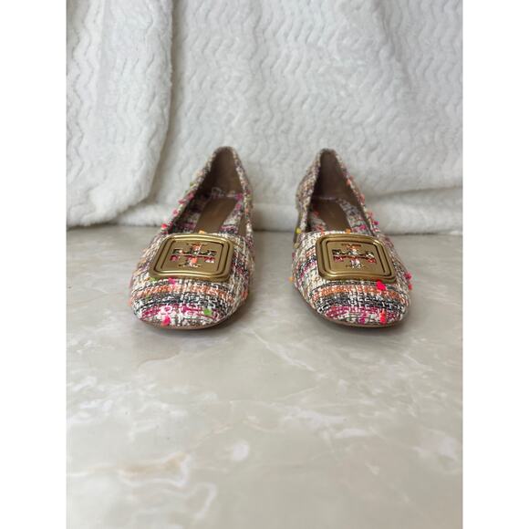 Tory Burch Pink Cream Gold Tweed Wooden Block Heel Georgia Pump Womens 7 US - Picture 9 of 14